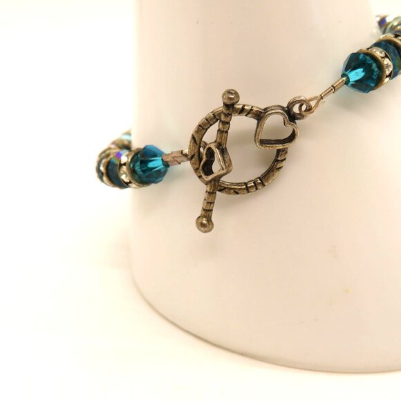 Blue Crystal Bead Bracelet Rhinestone Spacers Silver Tone Heart Toggle Clasp - Picture 4 of 12
